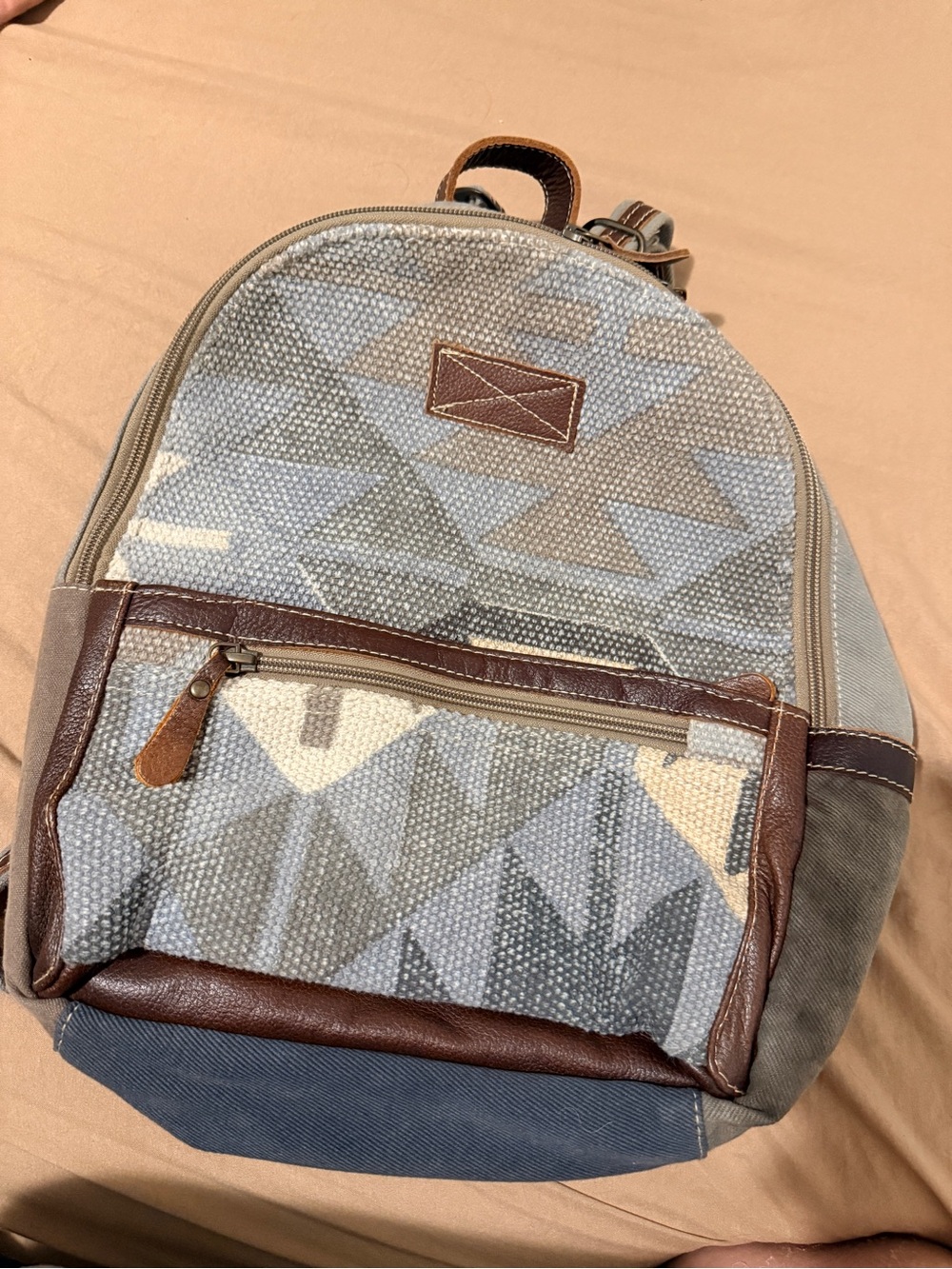Myra Bag Gray and Brown Geometric Canvas Backpack